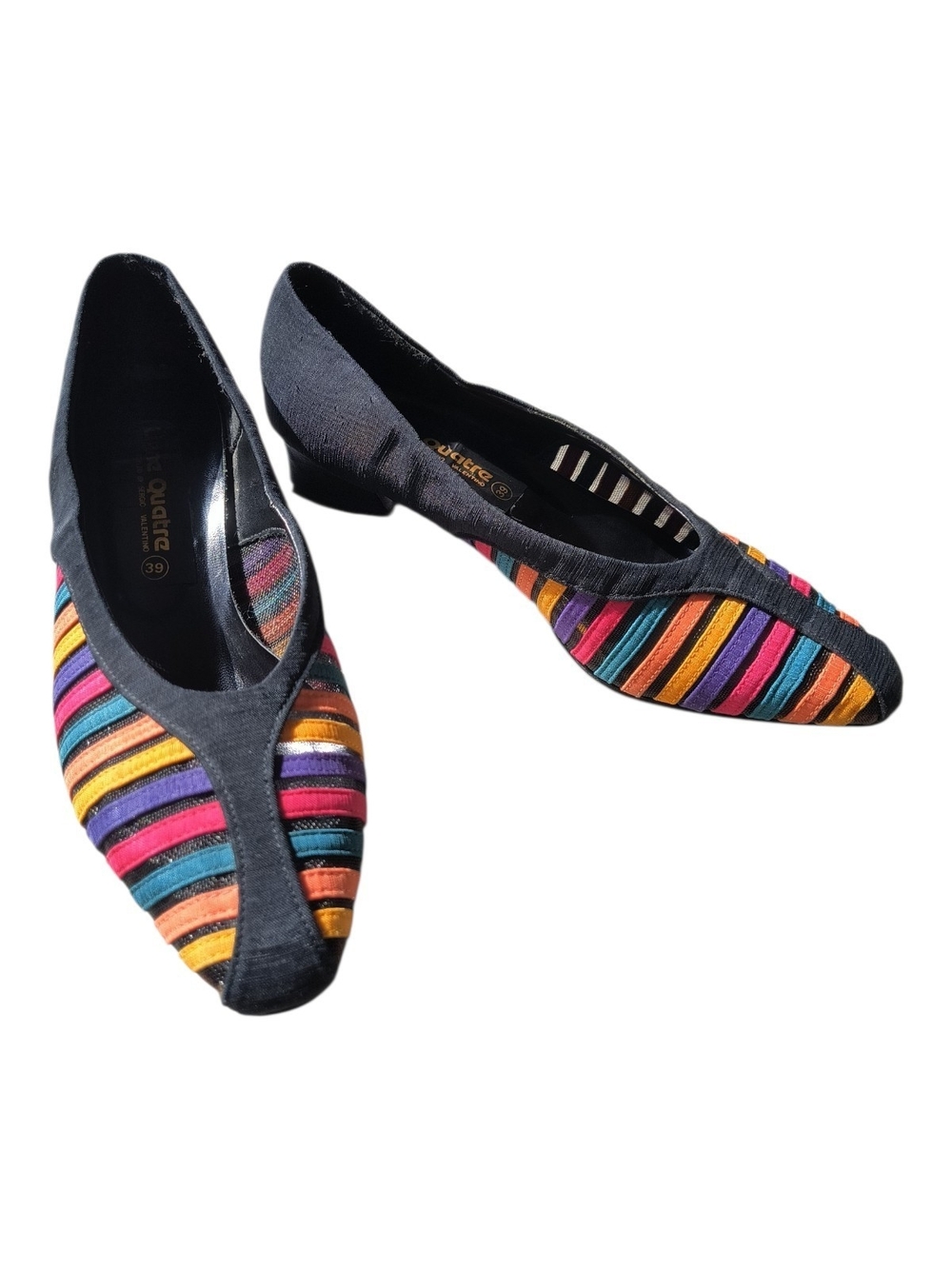 Vintage Ligne Quatre Sergio Valentino Rainbow Striped Low Heels Size 39 French